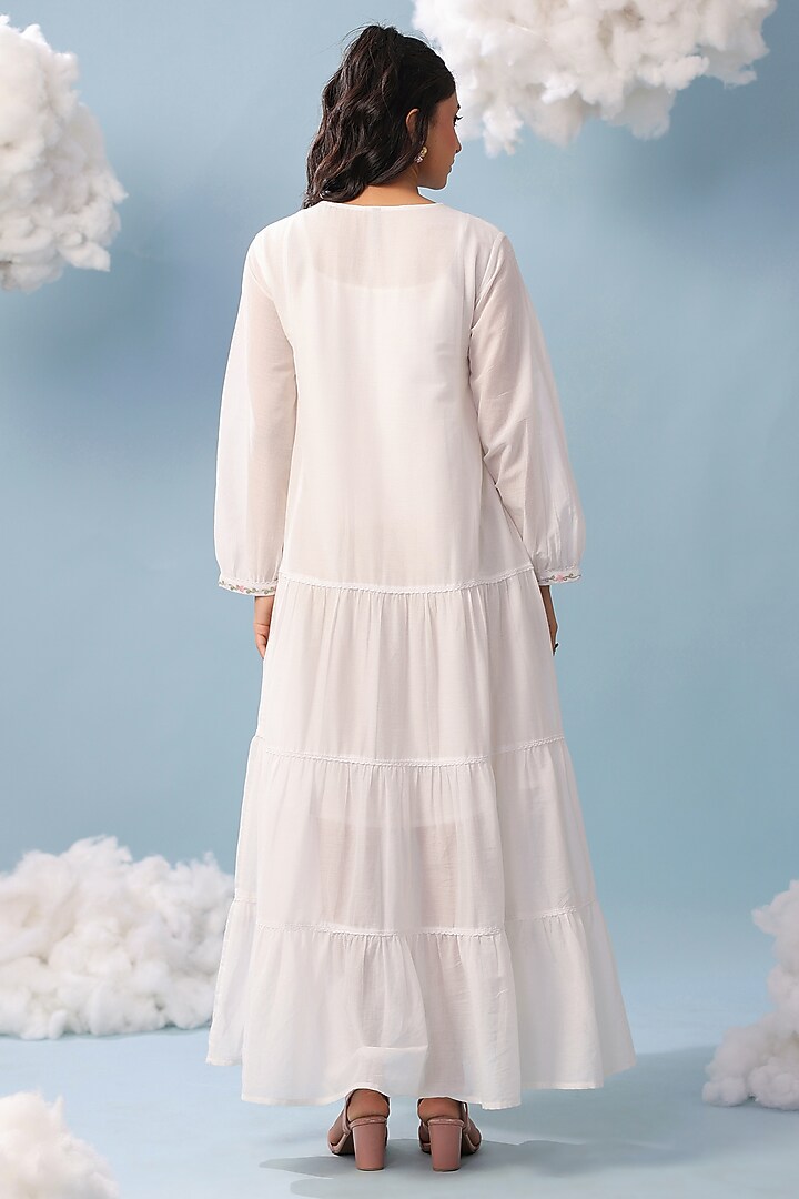 White Cotton Mulmul Embroidered Tiered Maxi Summer Dress by Scakhi Luxe at Pernia's Pop Up Shop