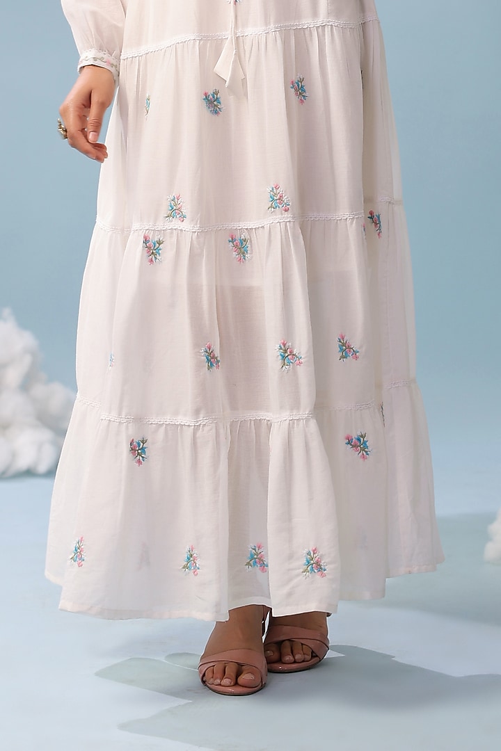 White Cotton Mulmul Embroidered Tiered Maxi Summer Dress by Scakhi Luxe at Pernia's Pop Up Shop