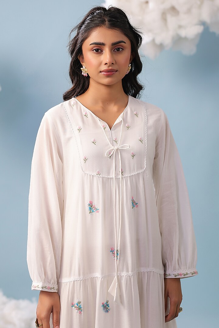 White Cotton Mulmul Embroidered Tiered Maxi Summer Dress by Scakhi Luxe at Pernia's Pop Up Shop