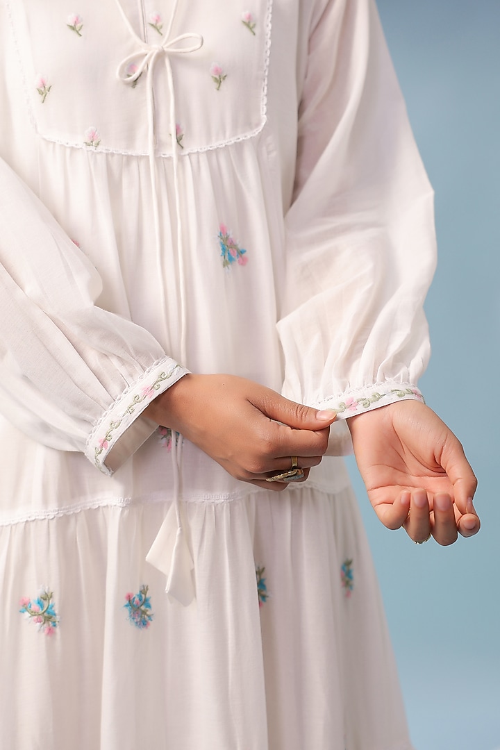 White Cotton Mulmul Embroidered Tiered Maxi Summer Dress by Scakhi Luxe at Pernia's Pop Up Shop