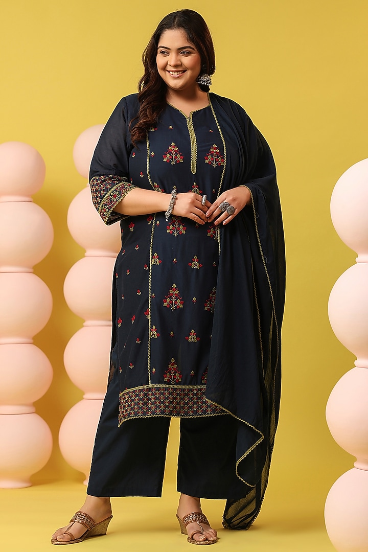 Navy Blue Cotton Mulmul Chikankari Embroidered Kurta Set by Scakhi Luxe at Pernia's Pop Up Shop