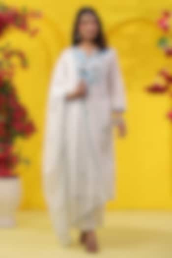 White & Turquoise Cotton Mulmul Embroidered Kurta Set by Scakhi Luxe at Pernia's Pop Up Shop