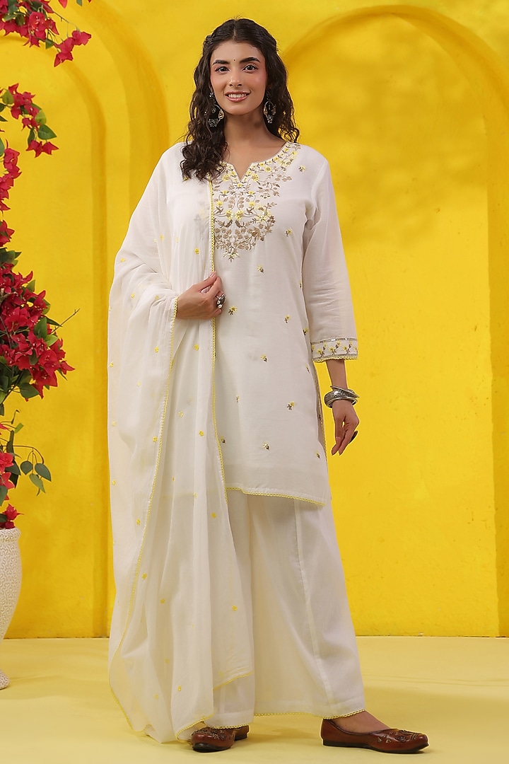 White & Mango Yellow Cotton Mulmul Embroidered Kurta Set by Scakhi Luxe at Pernia's Pop Up Shop