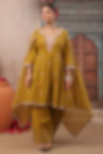 Mustard Cotton Mulmul Embroidered Short Anarkali Set by Scakhi Luxe at Pernia's Pop Up Shop