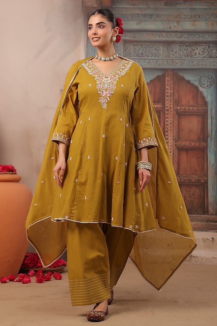 Mustard Cotton Mulmul Embroidered Short Anarkali Set by Scakhi Luxe at Pernia's Pop Up Shop