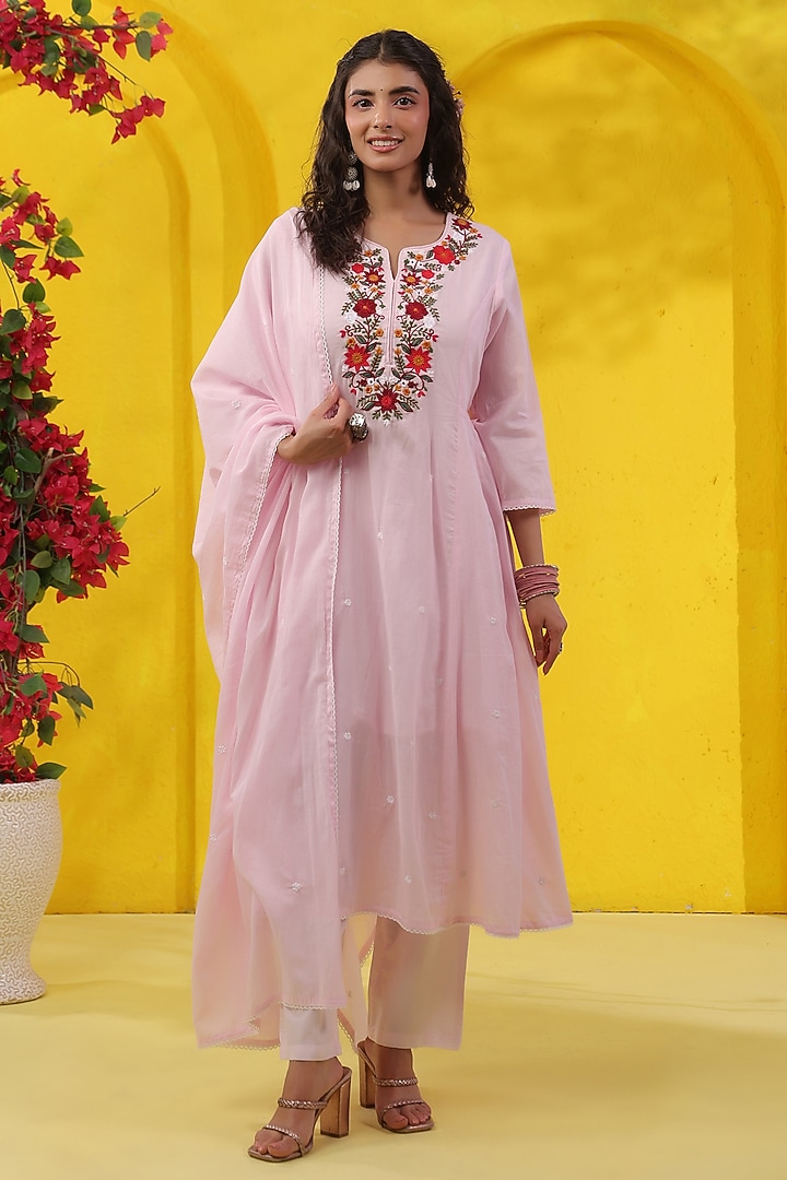 Pink Cotton Mulmul Embroidered Paneled Anarkali Set by Scakhi Luxe at Pernia's Pop Up Shop