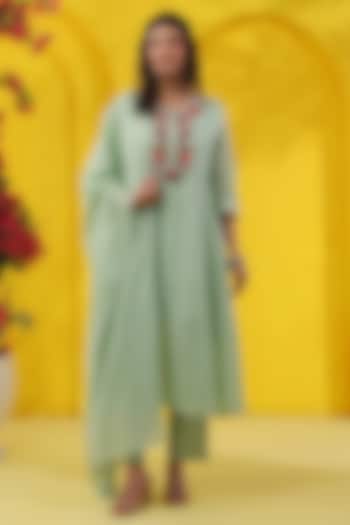 Pista Green Cotton Mulmul Embroidered Paneled Anarkali Set by Scakhi Luxe at Pernia's Pop Up Shop