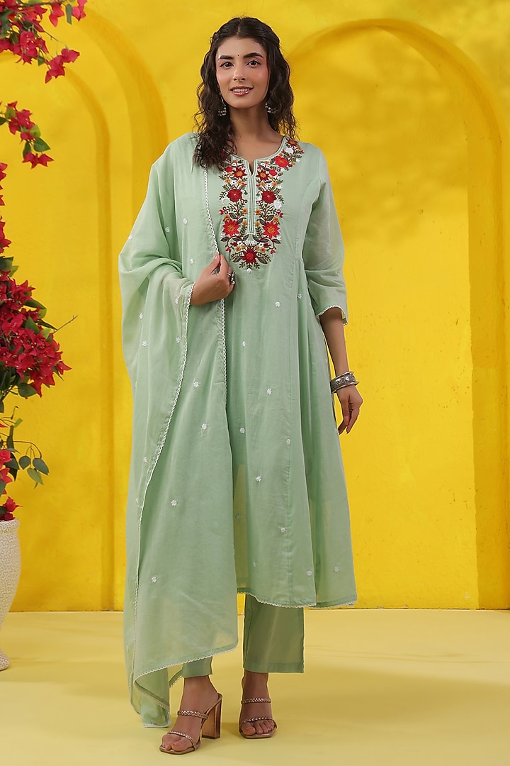 Pista Green Cotton Mulmul Embroidered Paneled Anarkali Set by Scakhi Luxe at Pernia's Pop Up Shop