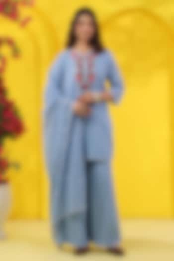 Powder Blue Cotton Mulmul Embroidered Kurta Set by Scakhi Luxe at Pernia's Pop Up Shop