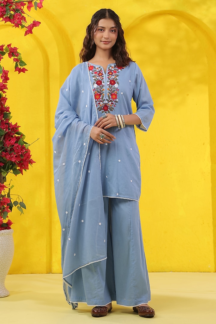 Powder Blue Cotton Mulmul Embroidered Kurta Set by Scakhi Luxe at Pernia's Pop Up Shop