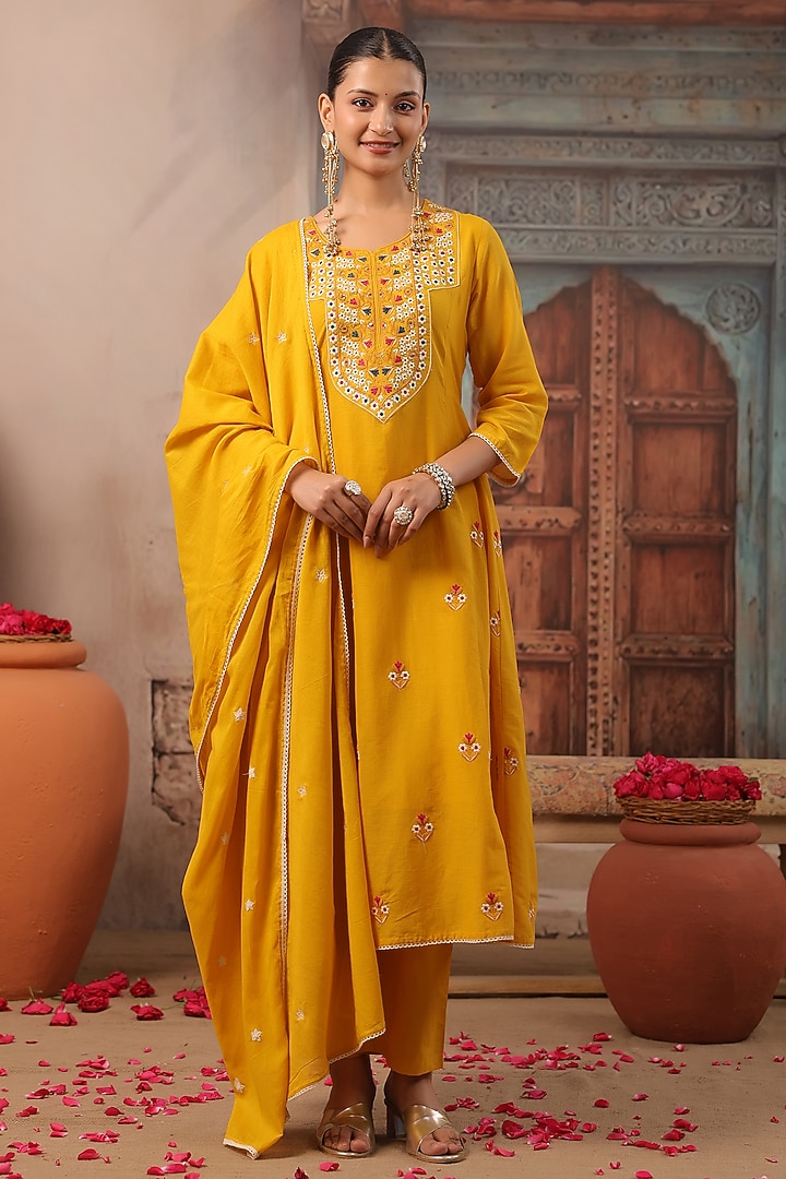 Mustard Cotton Mulmul Embroidered Paneled Anarkali Set by Scakhi Luxe at Pernia's Pop Up Shop