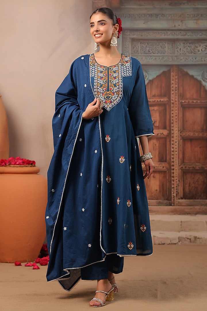 Teal Cotton Mulmul Embroidered Paneled Anarkali Set by Scakhi Luxe at Pernia's Pop Up Shop