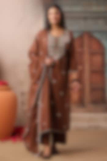 Chocolate Brown Cotton Mulmul Embroidered Kurta Set by Scakhi Luxe at Pernia's Pop Up Shop