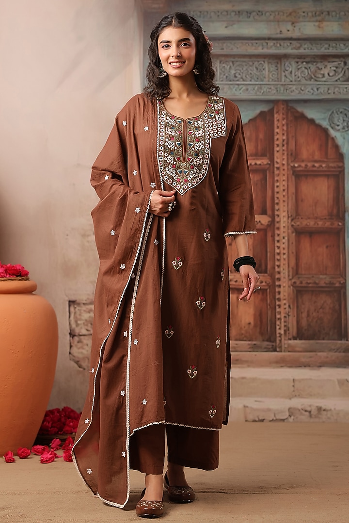 Chocolate Brown Cotton Mulmul Embroidered Kurta Set by Scakhi Luxe at Pernia's Pop Up Shop