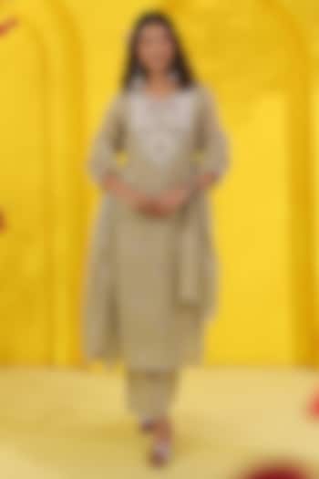Beige Cotton Mulmul Mirror Embroidered Kurta Set by Scakhi Luxe at Pernia's Pop Up Shop