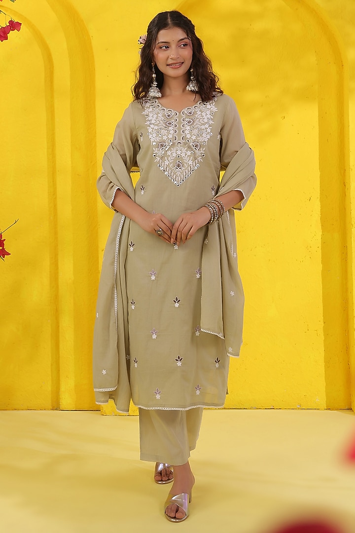 Beige Cotton Mulmul Mirror Embroidered Kurta Set by Scakhi Luxe at Pernia's Pop Up Shop