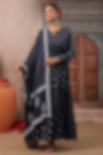 Indigo Cotton Mulmul Printed Anarkali Set by Scakhi Luxe at Pernia's Pop Up Shop
