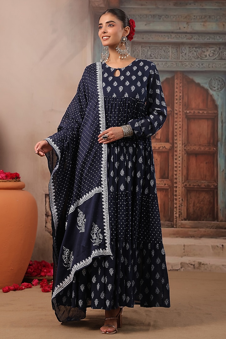 Indigo Cotton Mulmul Printed Anarkali Set by Scakhi Luxe at Pernia's Pop Up Shop