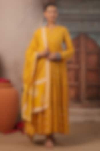 Mustard Cotton Mulmul Printed Anarkali Set by Scakhi Luxe at Pernia's Pop Up Shop