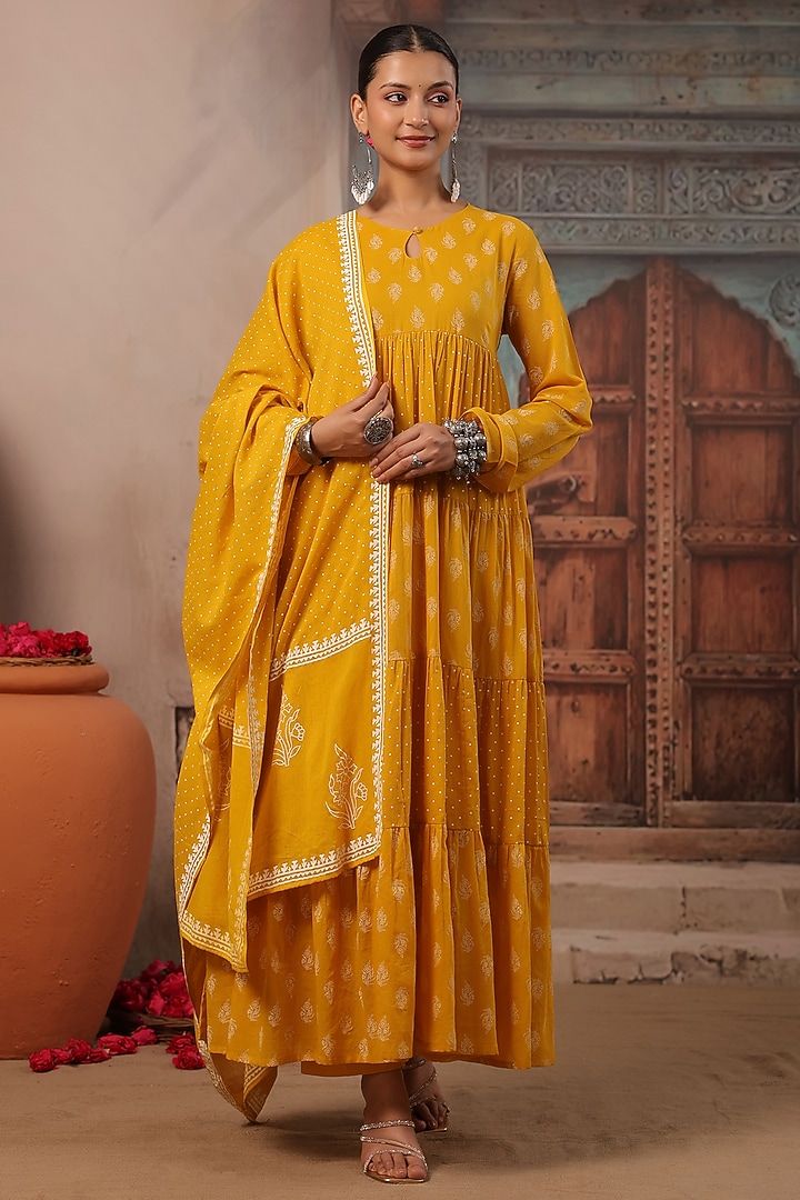 Mustard Cotton Mulmul Printed Anarkali Set by Scakhi Luxe at Pernia's Pop Up Shop