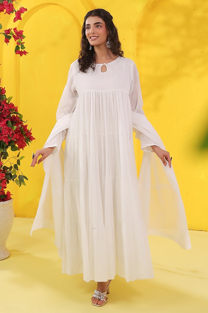 White Cotton Mulmul Printed Anarkali Set by Scakhi Luxe at Pernia's Pop Up Shop