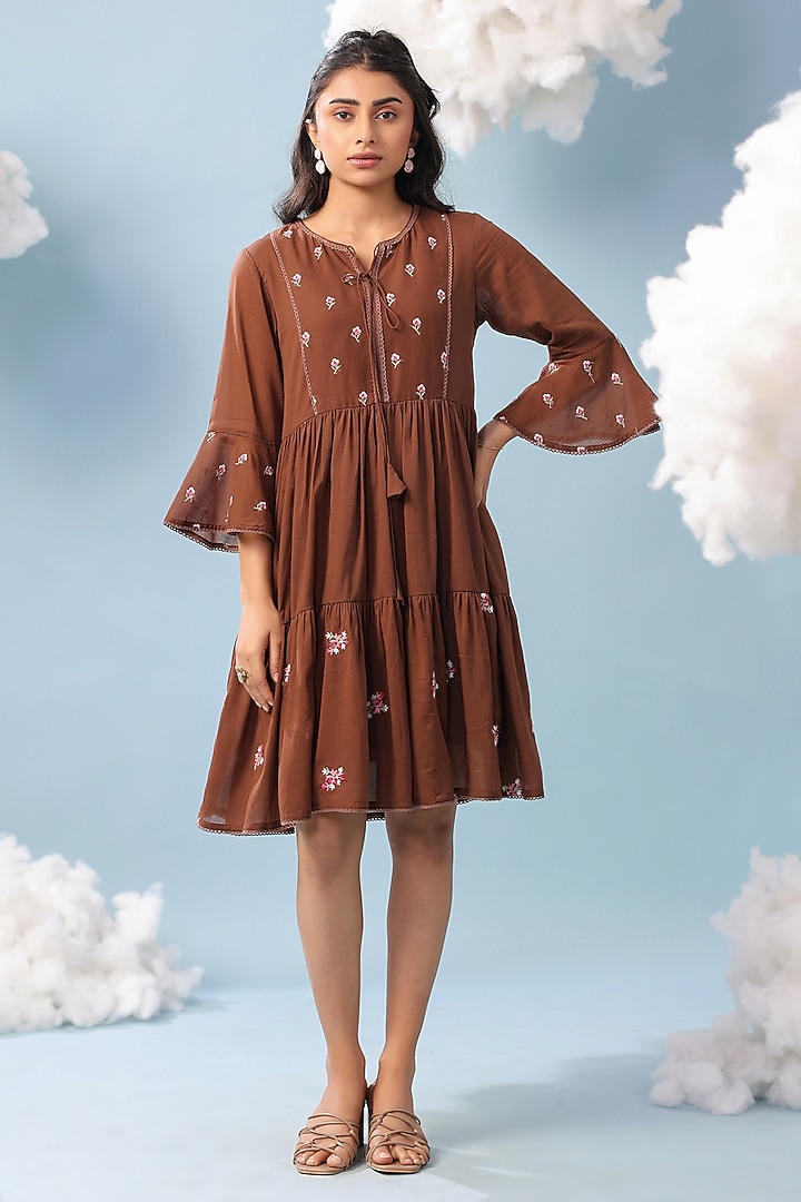 Chocolate Brown Mulmul Lace Embroidered Summer Dress by Scakhi Luxe at Pernia's Pop Up Shop