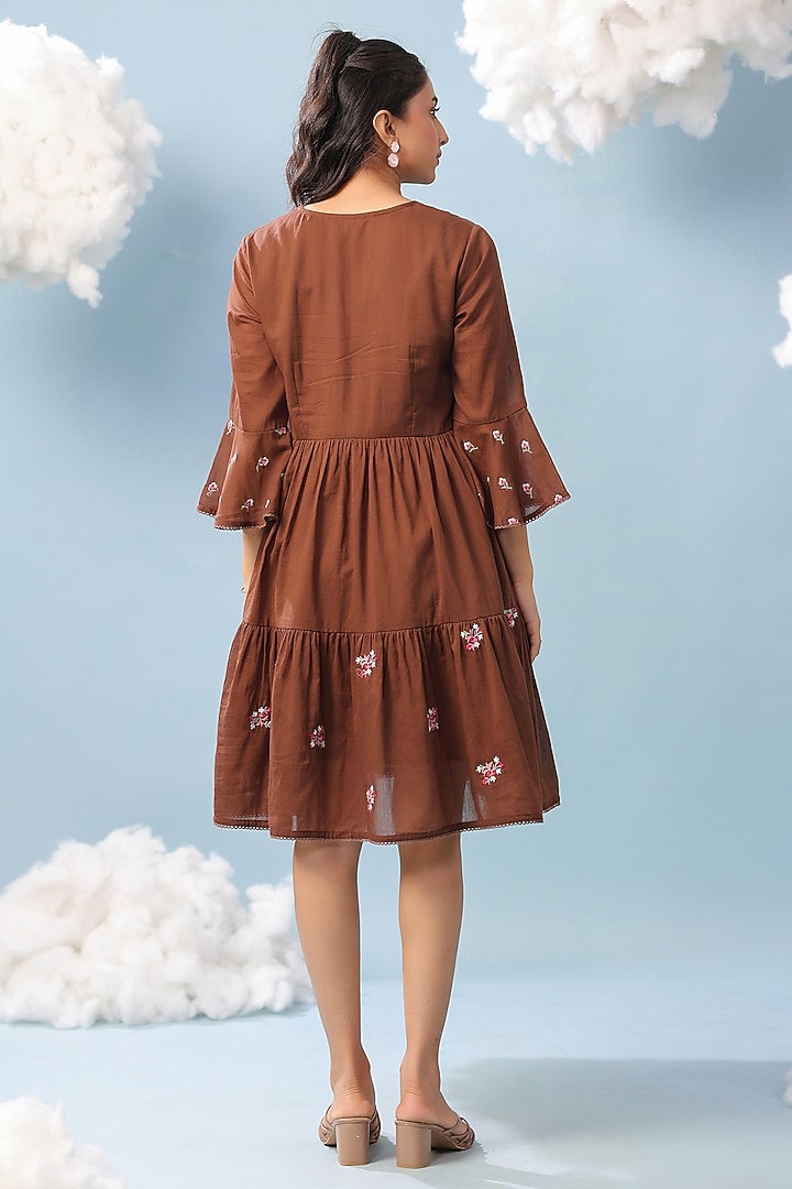 Chocolate Brown Mulmul Lace Embroidered Summer Dress by Scakhi Luxe at Pernia's Pop Up Shop