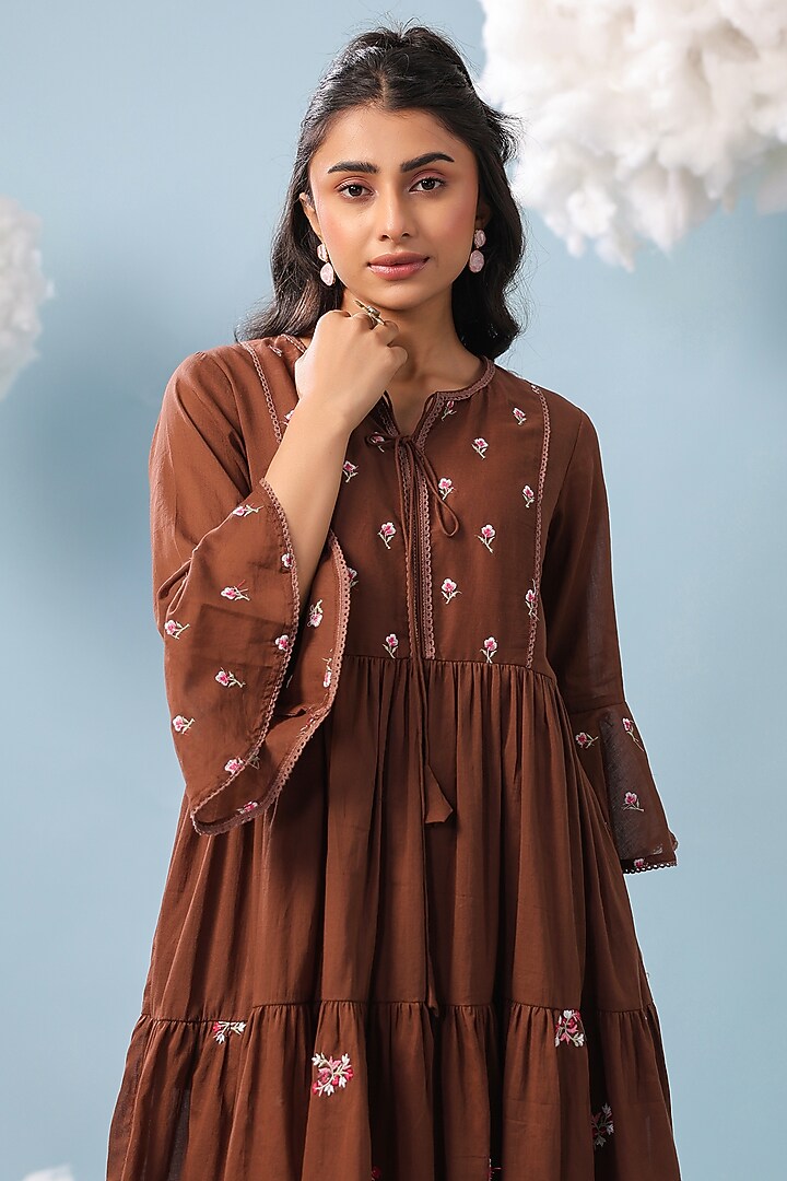Chocolate Brown Mulmul Lace Embroidered Summer Dress by Scakhi Luxe at Pernia's Pop Up Shop