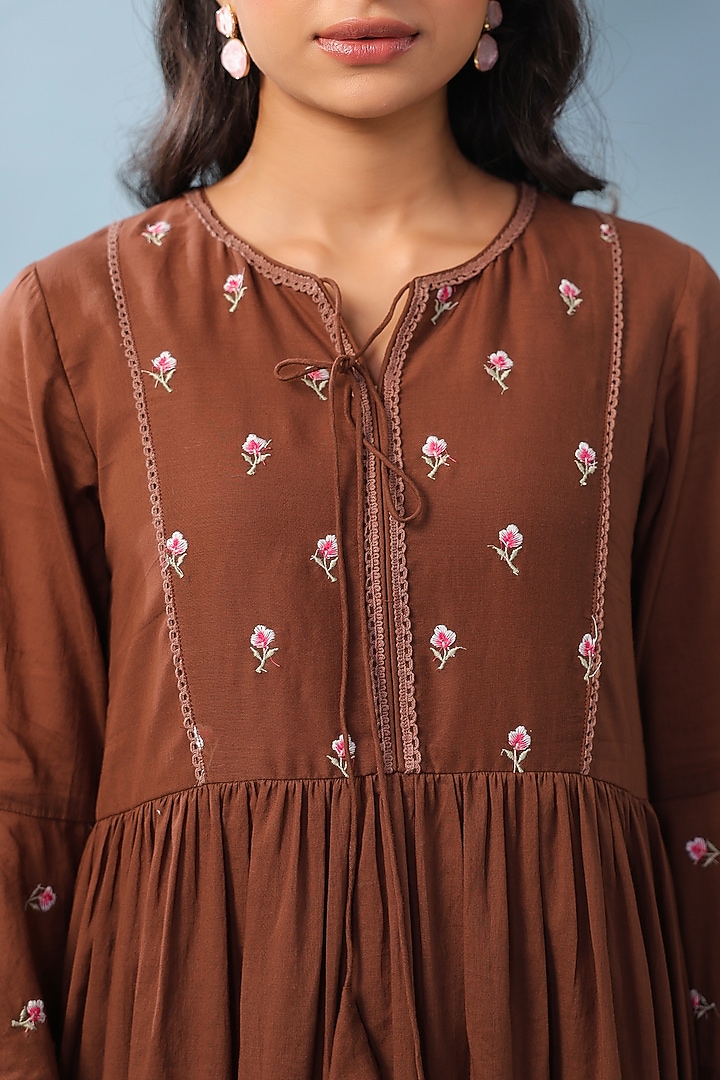 Chocolate Brown Mulmul Lace Embroidered Summer Dress by Scakhi Luxe at Pernia's Pop Up Shop