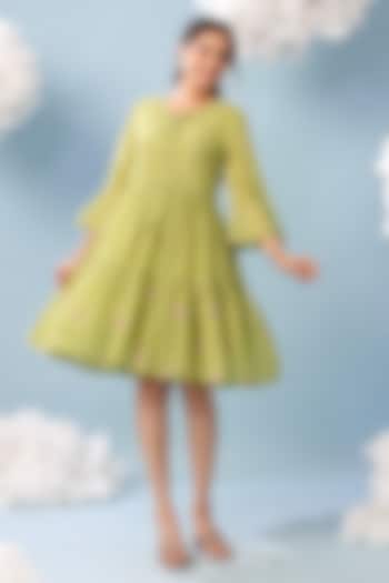 Parrot Green Mulmul Lace Embroidered Summer Dress by Scakhi Luxe at Pernia's Pop Up Shop