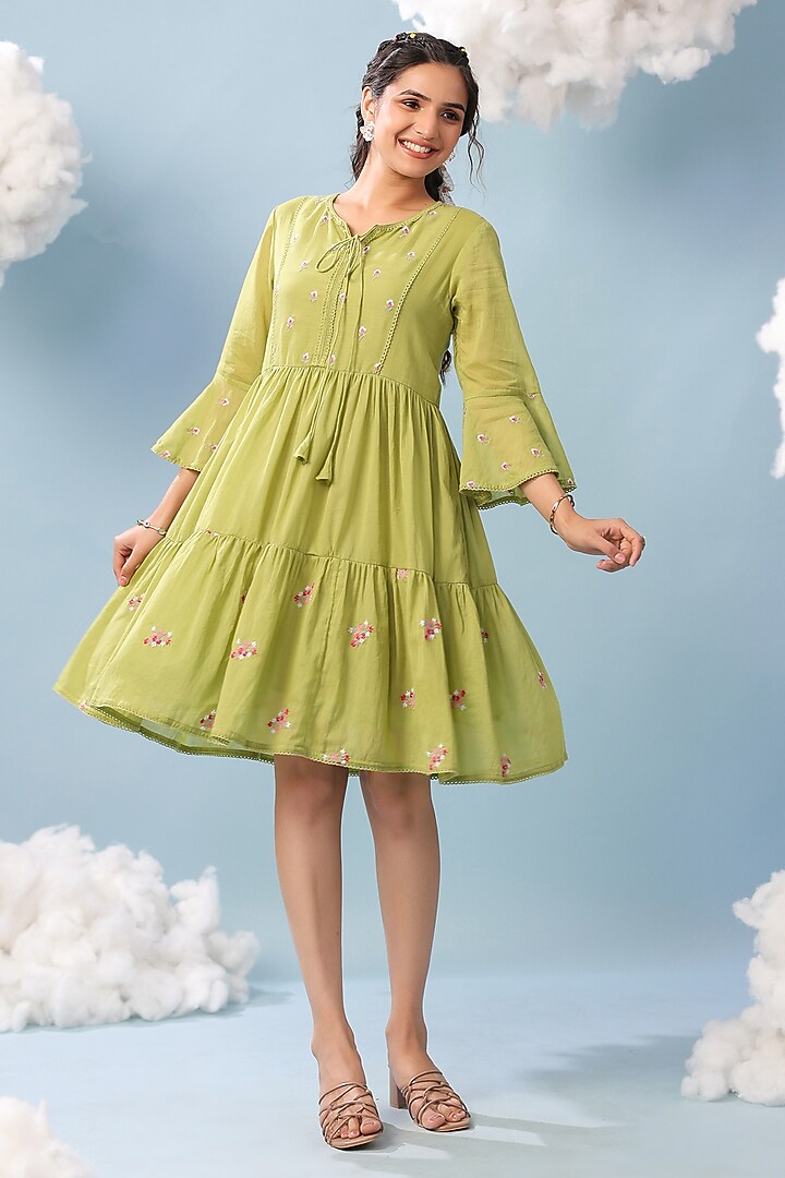 Parrot Green Mulmul Lace Embroidered Summer Dress by Scakhi Luxe at Pernia's Pop Up Shop