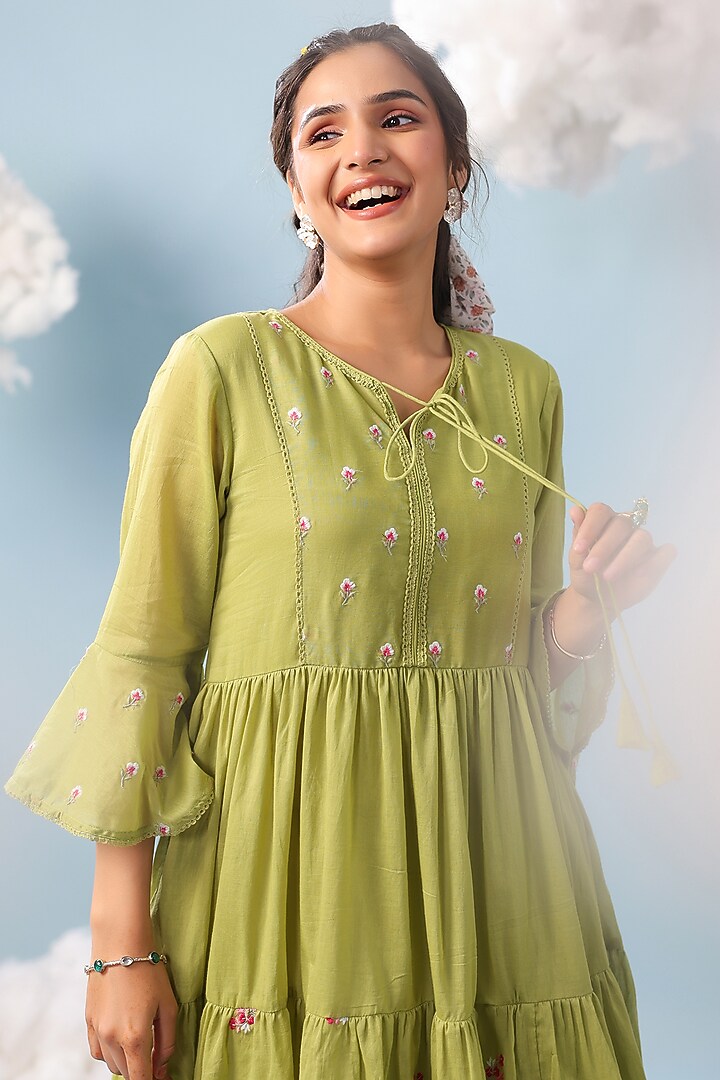 Parrot Green Mulmul Lace Embroidered Summer Dress by Scakhi Luxe at Pernia's Pop Up Shop
