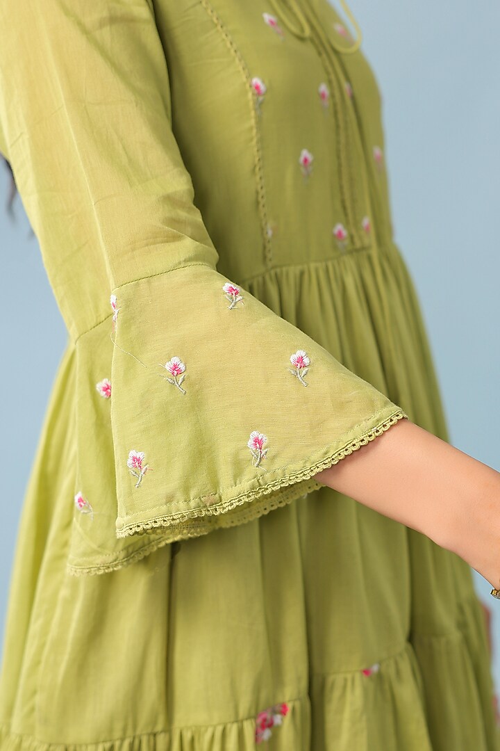 Parrot Green Mulmul Lace Embroidered Summer Dress by Scakhi Luxe at Pernia's Pop Up Shop
