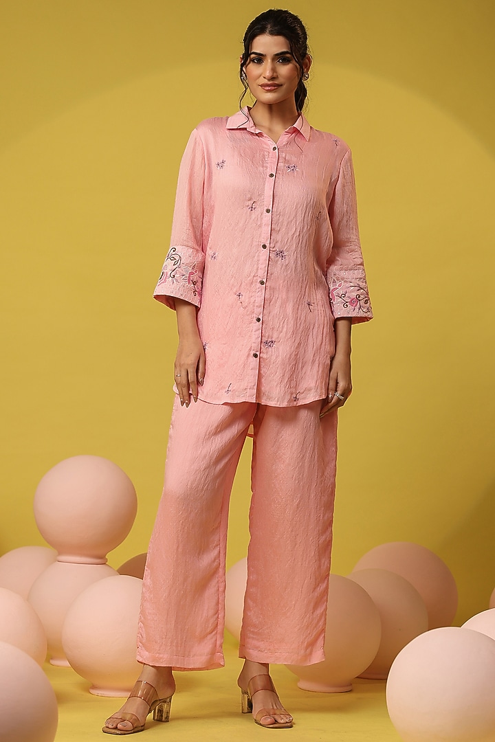 Pink Mul Chanderi Embroidered Co-Ord Set by Scakhi Luxe at Pernia's Pop Up Shop