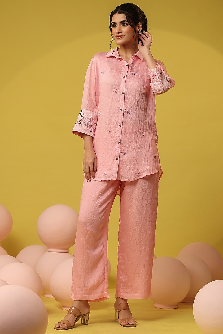 Pink Mul Chanderi Embroidered Co-Ord Set by Scakhi Luxe at Pernia's Pop Up Shop