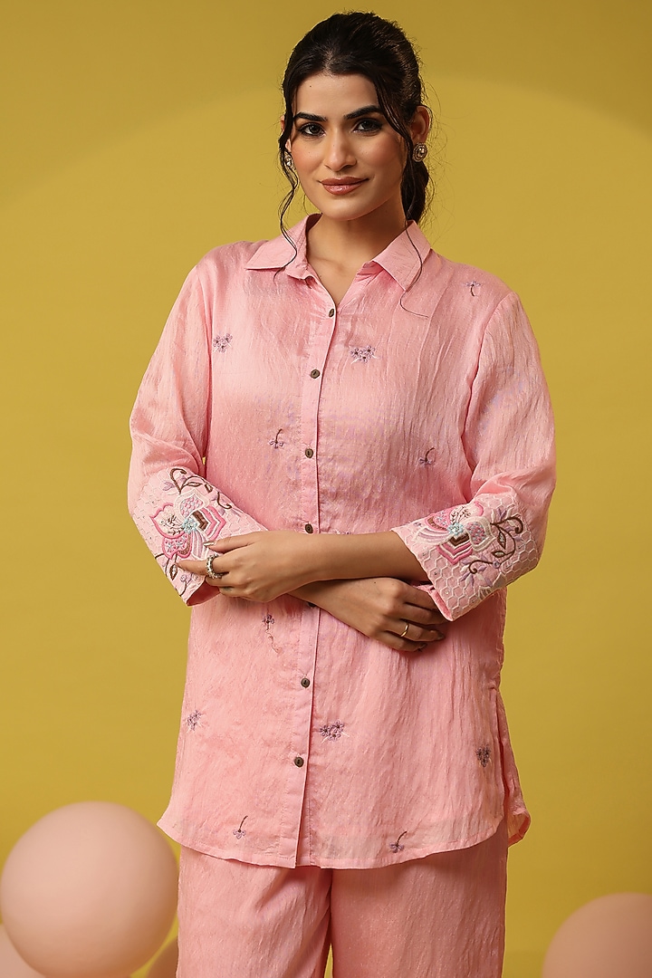 Pink Mul Chanderi Embroidered Co-Ord Set by Scakhi Luxe at Pernia's Pop Up Shop
