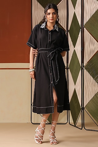 Black Cotton Blend Embroidered Midi Dress by Scakhi Luxe