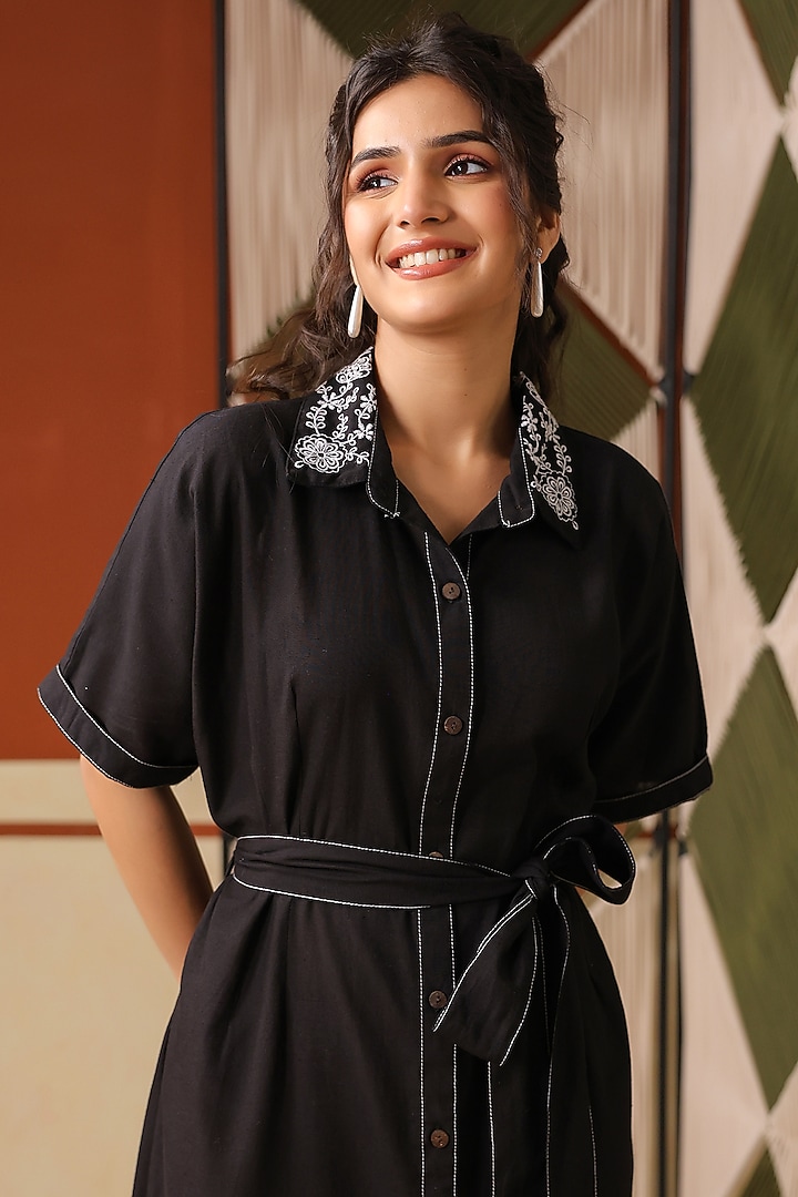 Black Cotton Blend Embroidered Midi Summer Dress by Scakhi Luxe at Pernia's Pop Up Shop