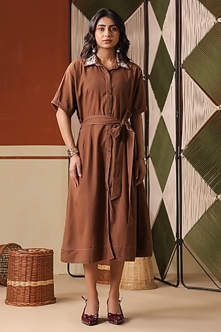 Chocolate Brown Cotton Blend Embroidered Midi Dress by Scakhi Luxe