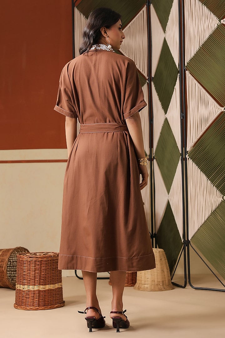 Chocolate Brown Cotton Blend Embroidered Midi Summer Dress by Scakhi Luxe at Pernia's Pop Up Shop
