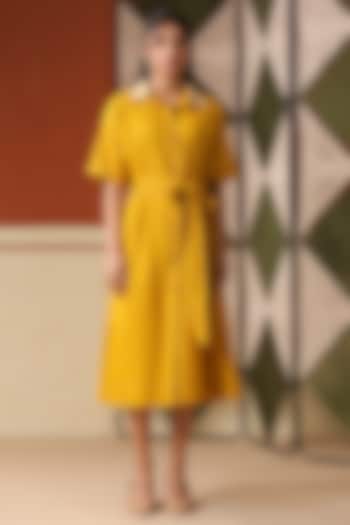 Mustard Cotton Blend Embroidered Midi Summer Dress by Scakhi Luxe at Pernia's Pop Up Shop