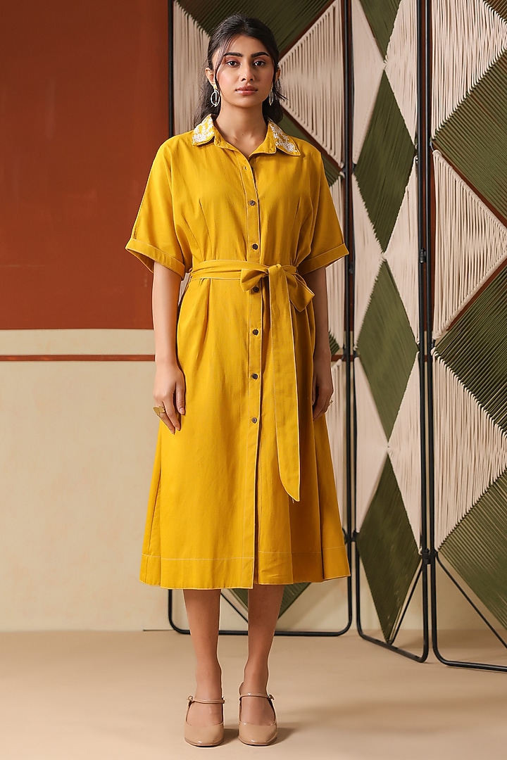 Mustard Cotton Blend Embroidered Midi Summer Dress by Scakhi Luxe at Pernia's Pop Up Shop