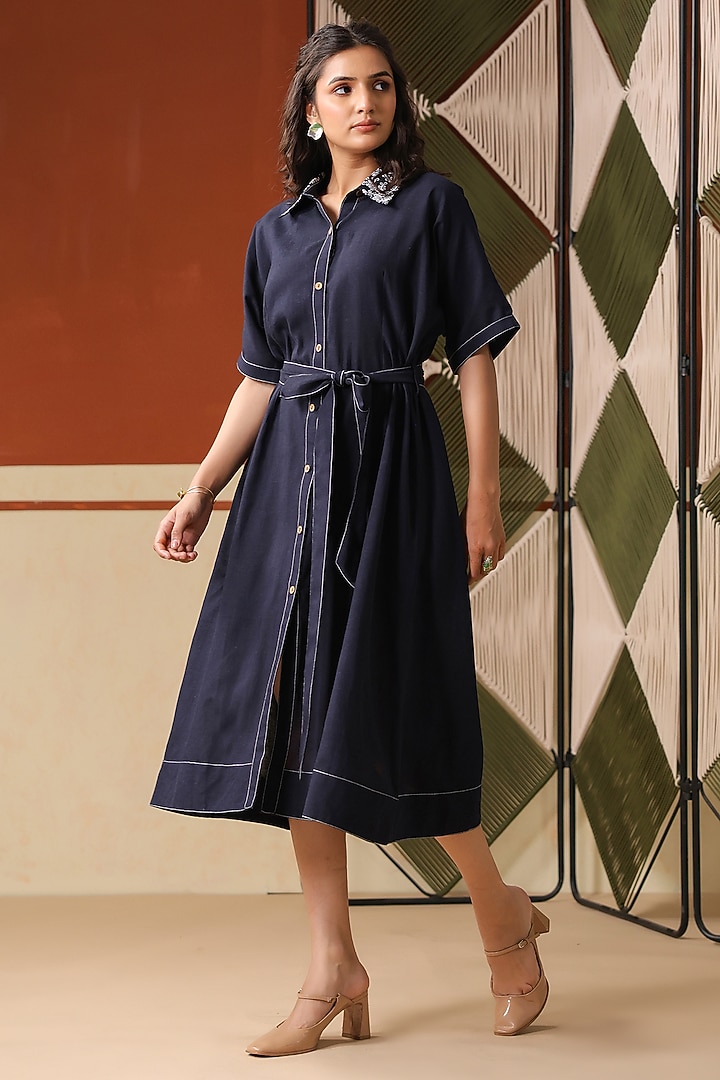 Teal Cotton Blend Embroidered Midi Summer Dress by Scakhi Luxe at Pernia's Pop Up Shop