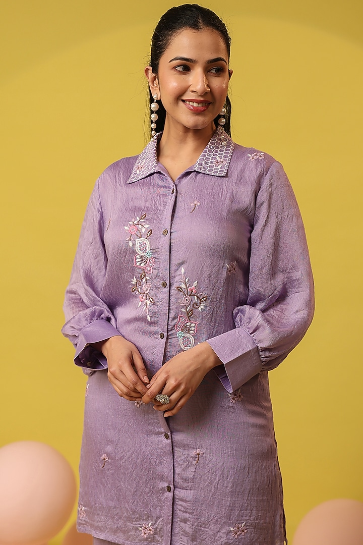 Lavender Mul Chanderi Embroidered Co-Ord Set by Scakhi Luxe at Pernia's Pop Up Shop