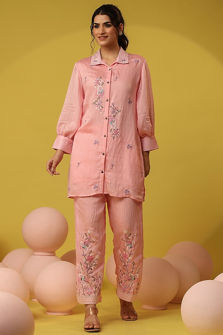 Pink Mul Chanderi Embroidered Co-Ord Set by Scakhi Luxe at Pernia's Pop Up Shop