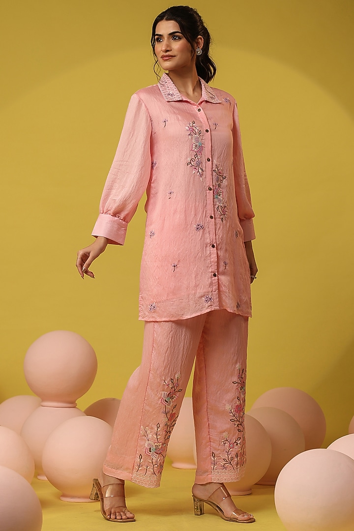 Pink Mul Chanderi Embroidered Co-Ord Set by Scakhi Luxe at Pernia's Pop Up Shop