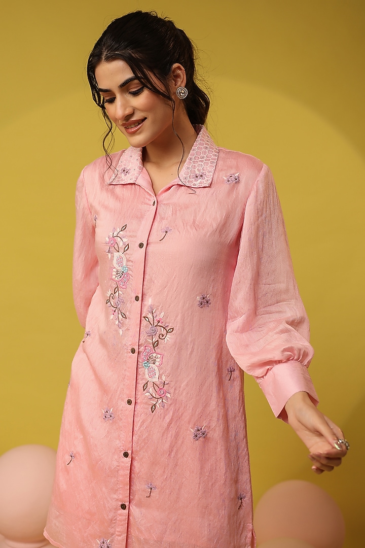 Pink Mul Chanderi Embroidered Co-Ord Set by Scakhi Luxe at Pernia's Pop Up Shop