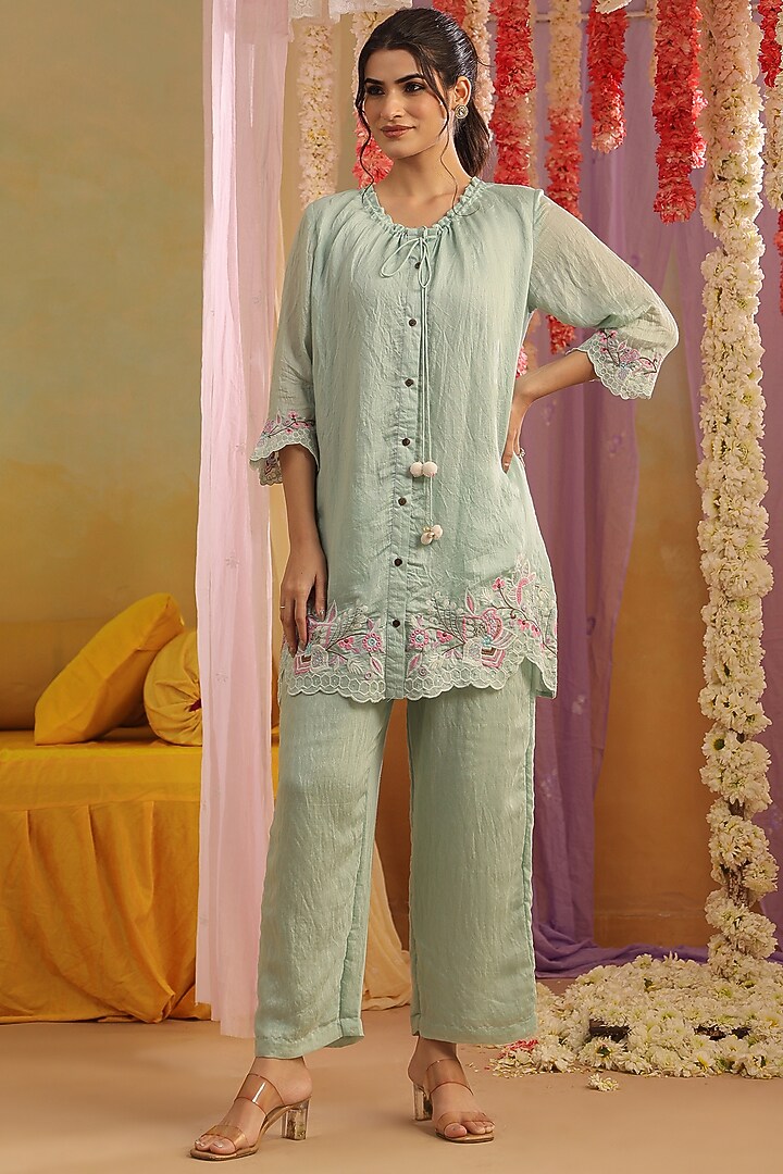 Green Mul Chanderi Embroidered Co-Ord Set by Scakhi Luxe at Pernia's Pop Up Shop