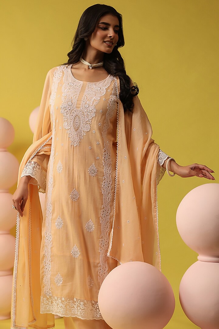 Peach Mulmul Chikankari Embroidered Straight Kurta Set by Scakhi Luxe at Pernia's Pop Up Shop