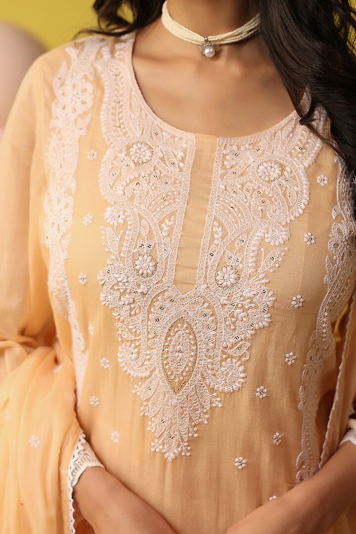 Peach Mulmul Chikankari Embroidered Straight Kurta Set by Scakhi Luxe at Pernia's Pop Up Shop